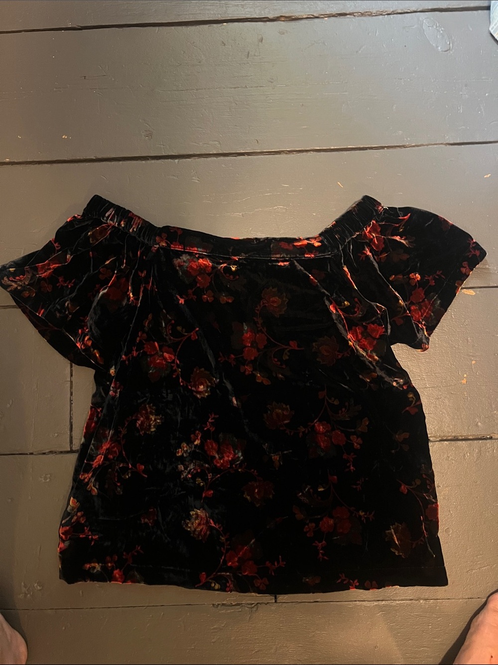 LOFT Black Velvet Off-Shoulder Top with Red Floral Print